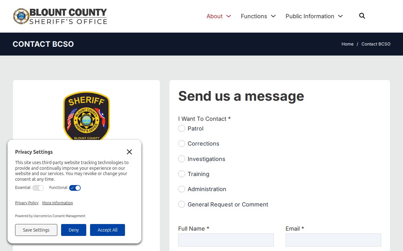 Blount County Sheriff's Office contact page showing its public message form and office information