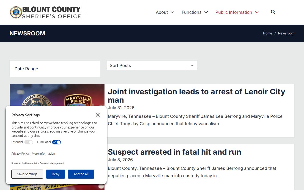 Blount County Sheriff newsroom with date filter and release categories