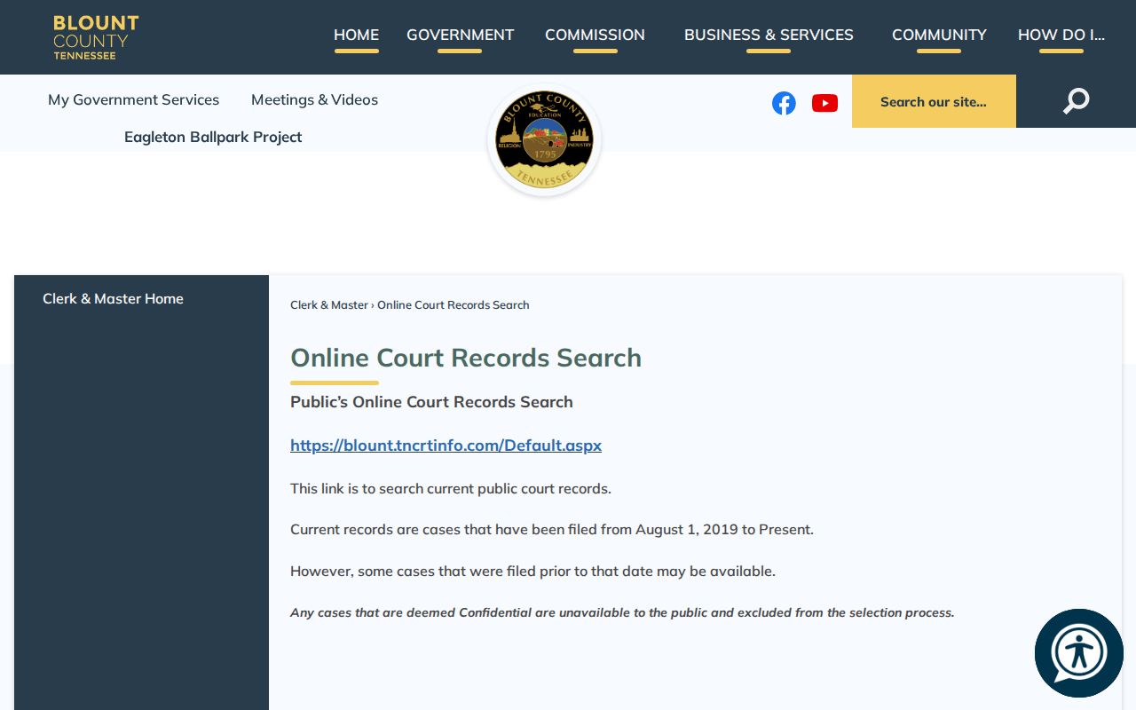 Blount County court records search page describing date coverage and confidential-case limits