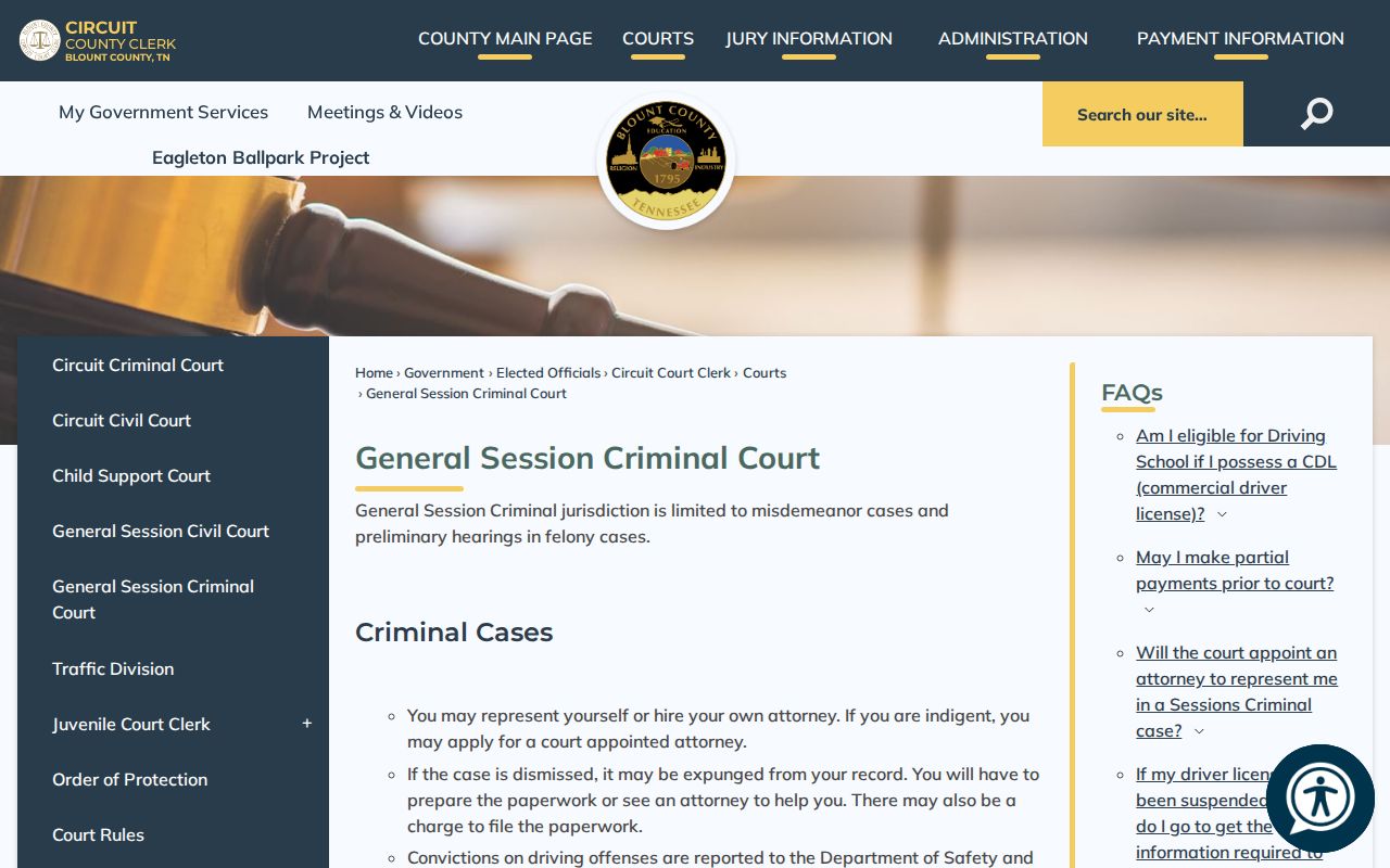 Blount County General Sessions Criminal Court page describing its case types and commissioner service