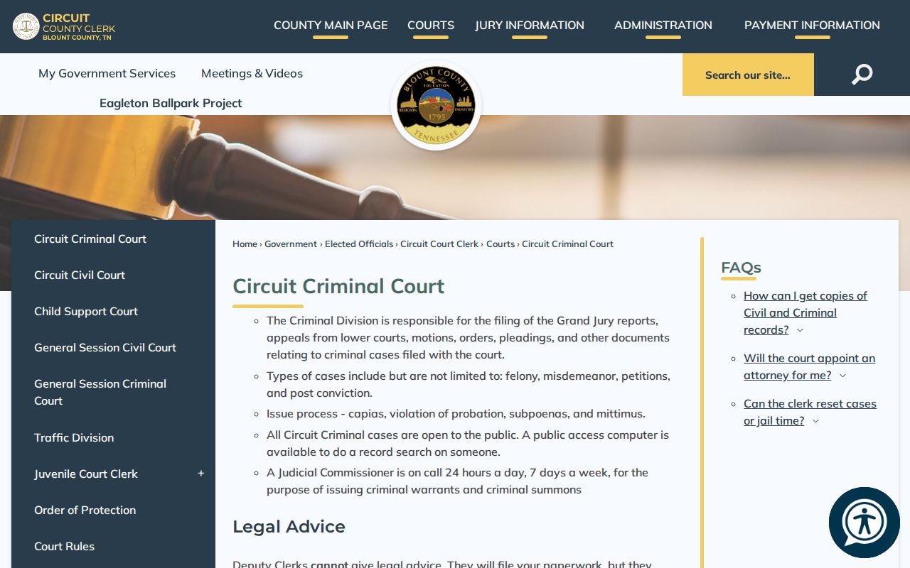 Blount County Circuit Criminal Court page describing capias and public access