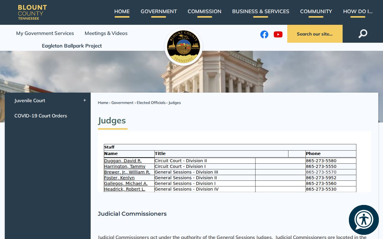 Blount County Judges page describing the Judicial Commissioner role