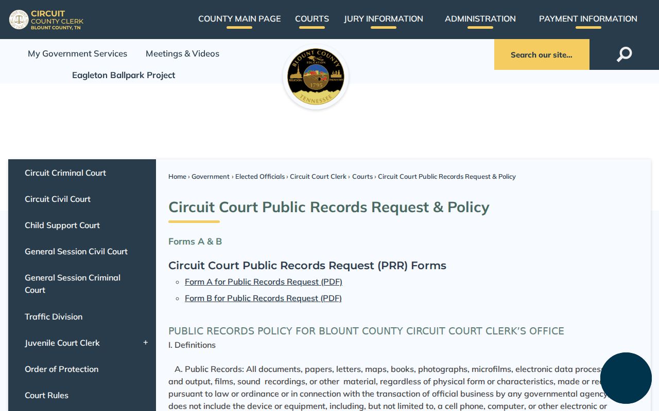 Blount County court public-records policy and request-form links