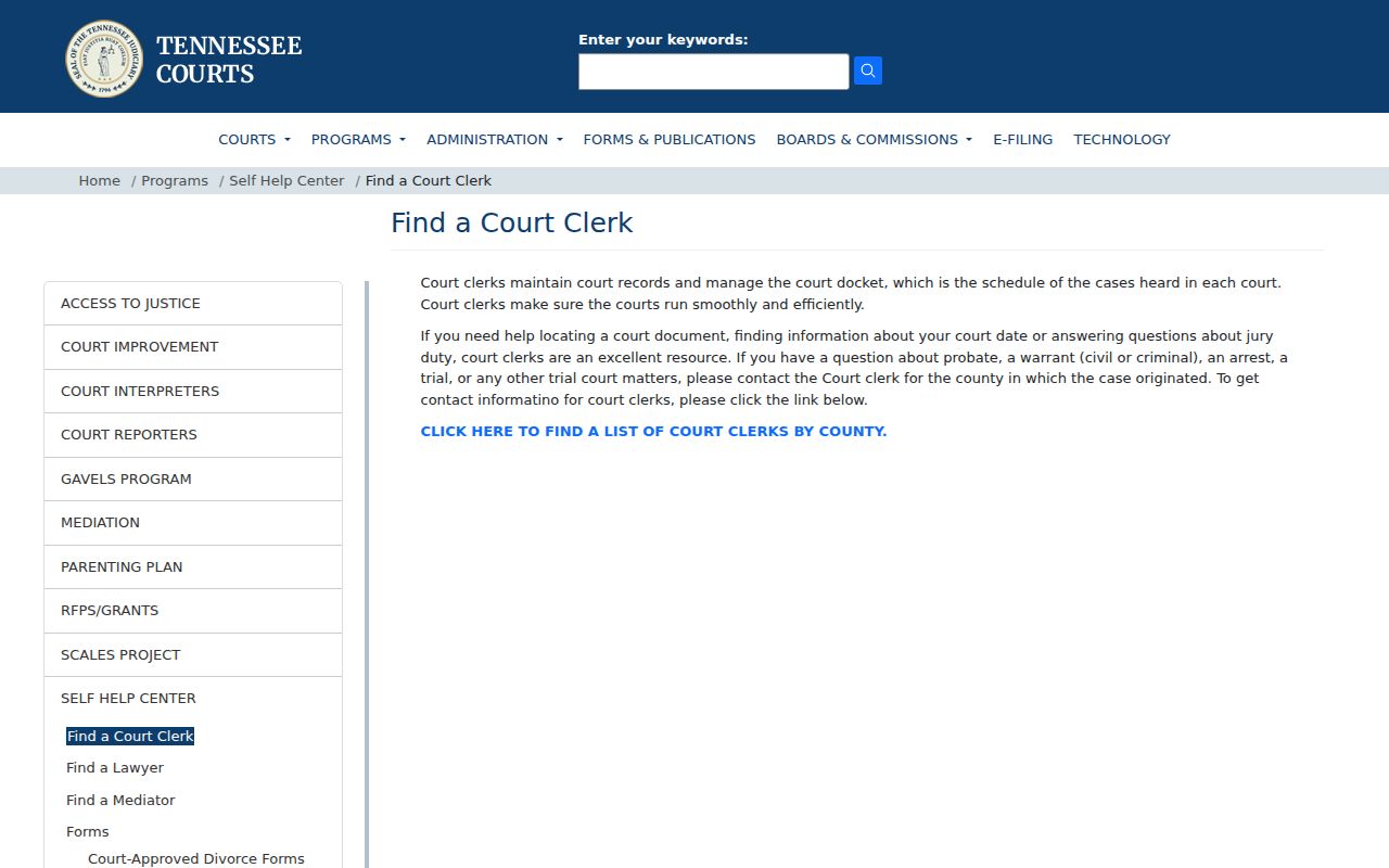 Tennessee court clerk finder directing users to contact the originating clerk