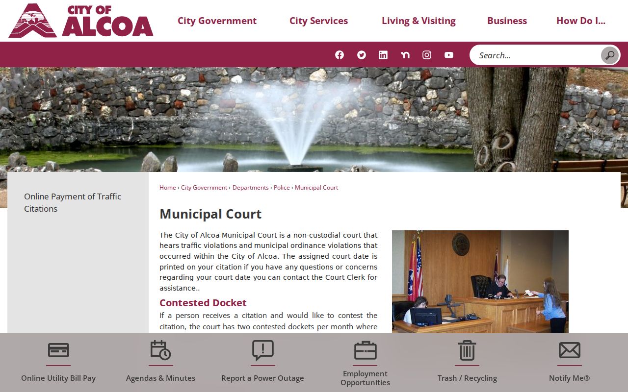 Alcoa Municipal Court page describing its city docket and contested hearings