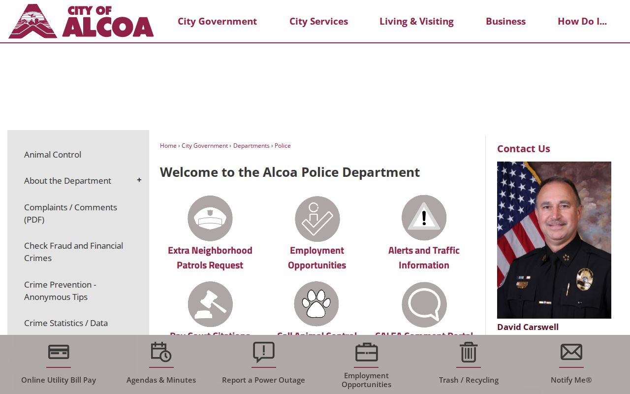 Alcoa Police Department page with municipal citation information