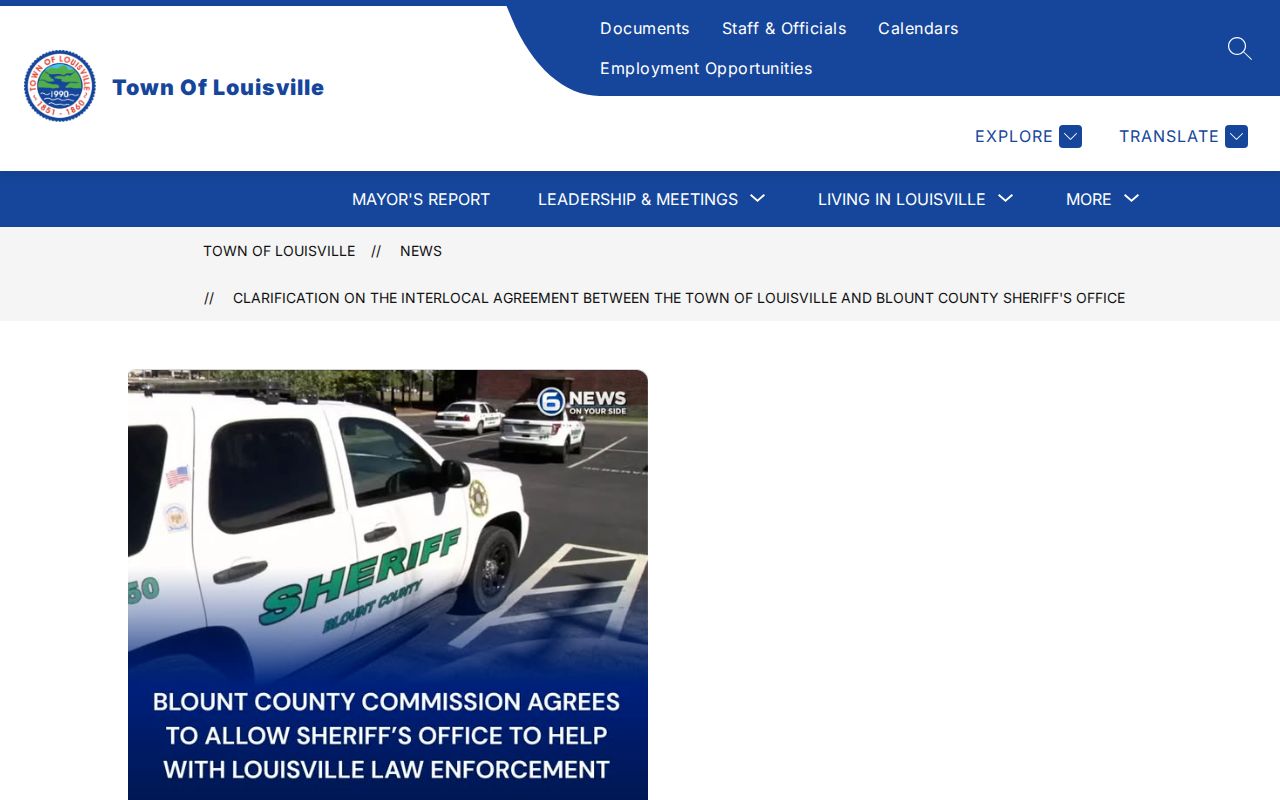 Louisville official notice describing its BCSO contract and lack of a town police department