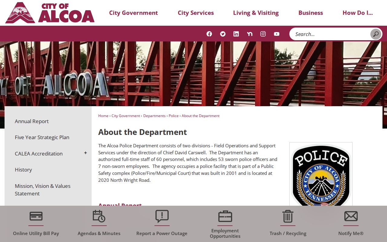 Alcoa official Public Safety department page with city facility information