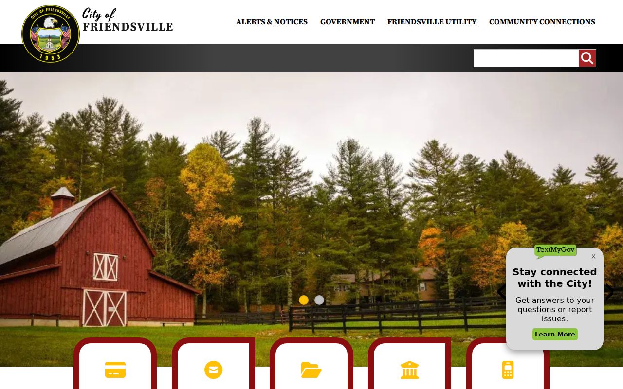 Friendsville City Hall website with its address, hours, and sheriff link