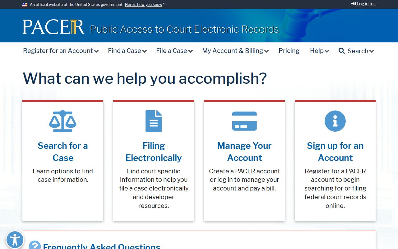 PACER federal court case-search sign-in page, not a warrant roster