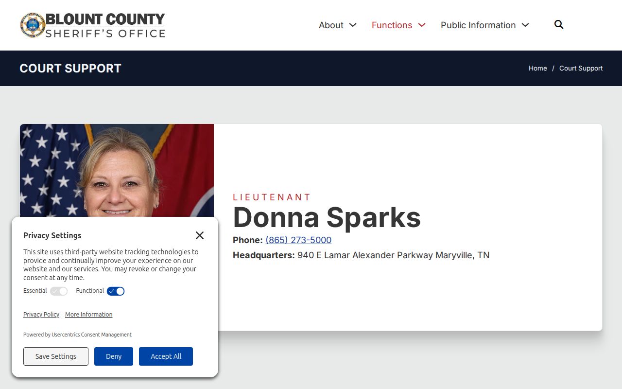 Blount County Sheriff Court Support page describing the Warrants Unit
