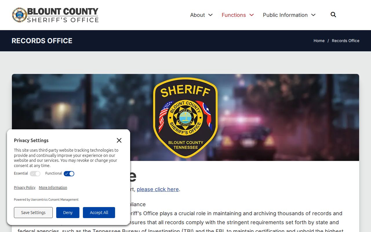 Blount County Sheriff's Office Records page with public request contact details